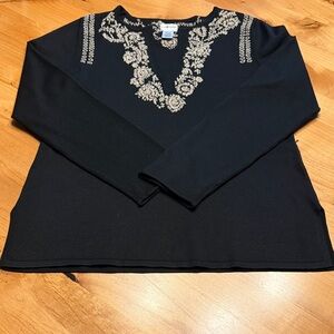 Chico's Black Sweater with Tan Embroidery on front and back.